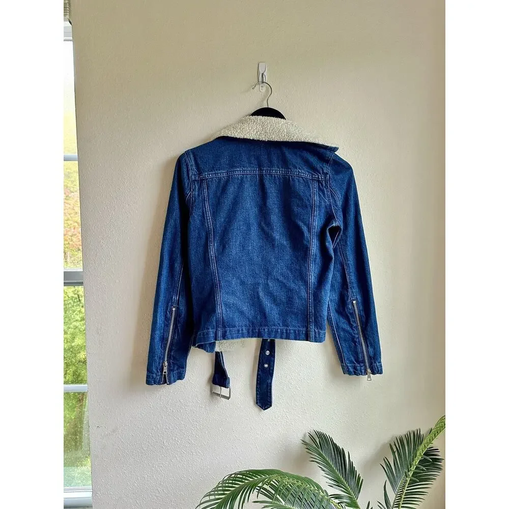 Gap Women's Denim Jacket XS Sherpa Lined Biker Belt Buckle Blue 1969